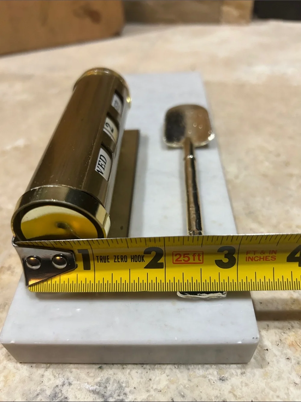Vintage Brass Desk Perpetual Calendar with Marble Base and Shovel Accent